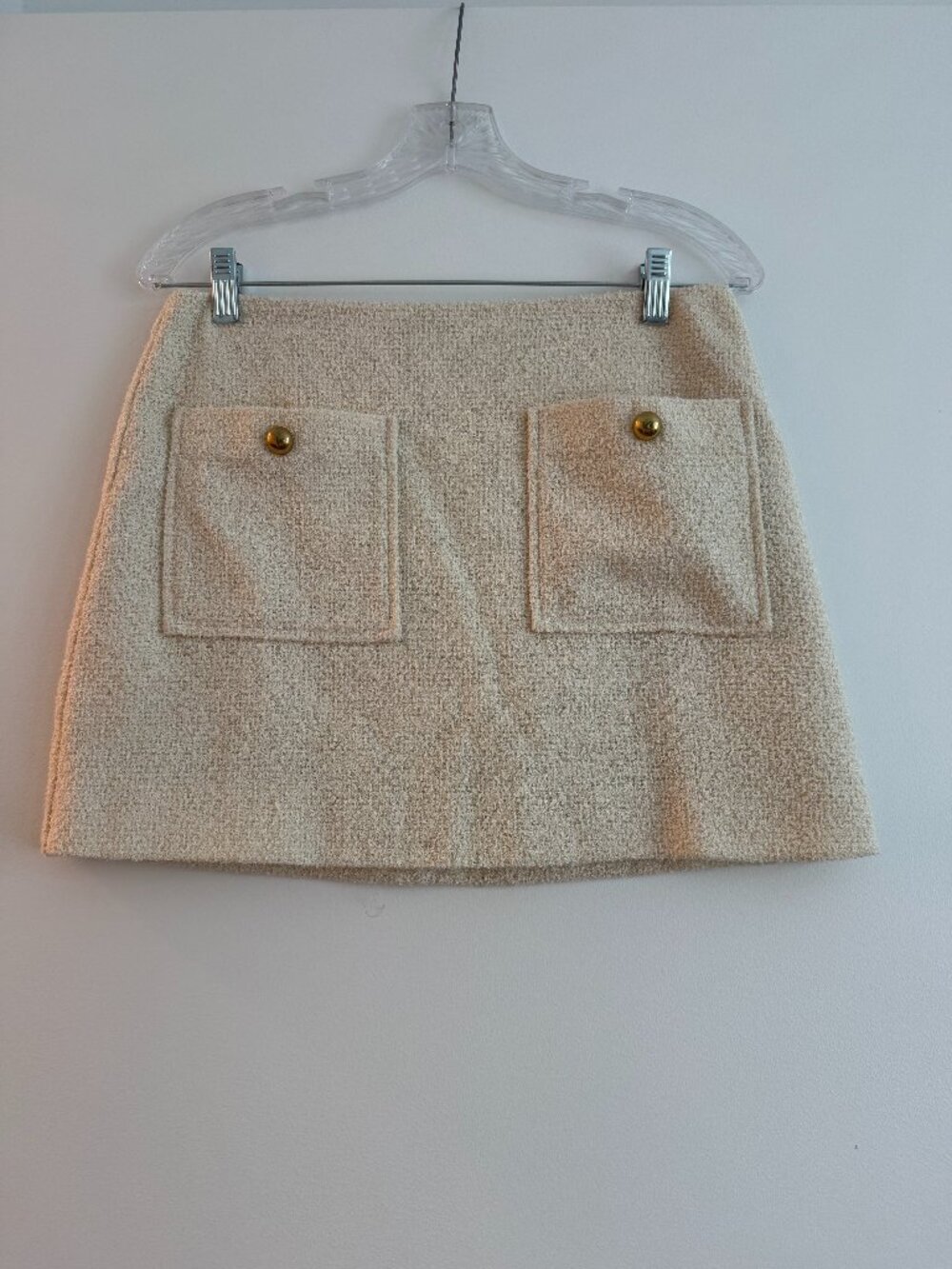 Reformation Cream Tweed Mini Skirt Gold Button Pockets – Size 6